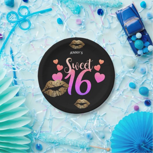 Personalisiert Sweet 16 Teller - Pink Glitzer LIPS (Party)
