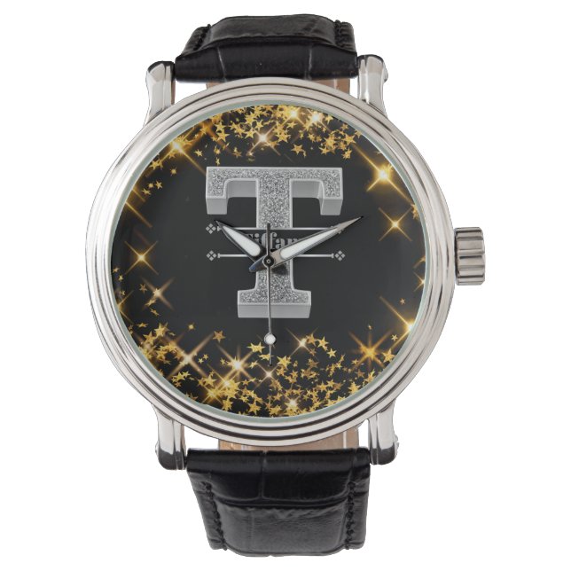 Personalisiert T Initial Silver Monogram Ihr Name Armbanduhr (Vorderseite)
