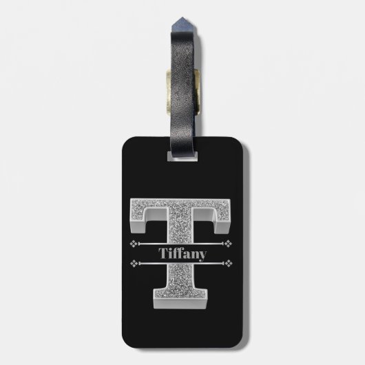 Personalisiert T Initial Silver Monogram Ihr Name Gepäckanhänger (Rückseite vertikal)