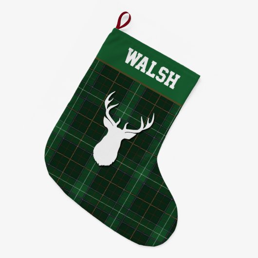 Personalisiert Tartan Deer Kariert Walsh Großer Weihnachtsstrumpf (Vorderansicht (hängend))