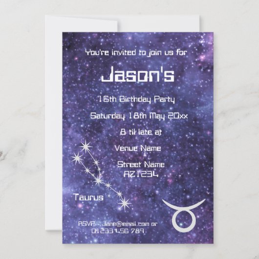 Personalisiert Taurus Zodiac Galaxy Party Einladung (Vorderseite)