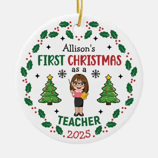 Personalisiert Teacher Erster Weihnachtsbaum Runde Keramik Ornament (Vorne)