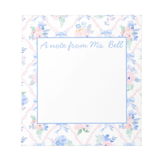 Personalisiert Teacher Floral Ribbon Bows Notizblock (Vorderseite)
