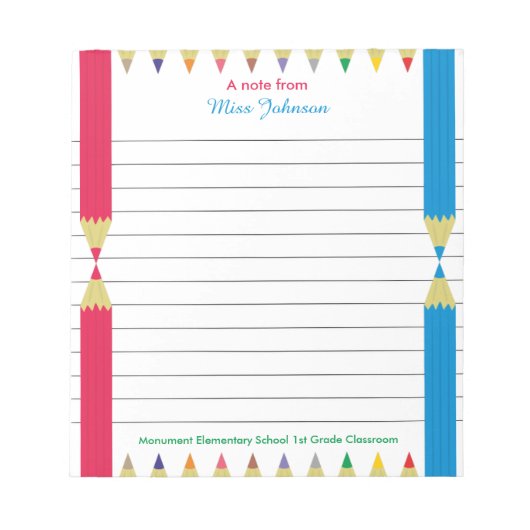 Personalisiert Teacher Notepad Farbige Stifte Notizblock (Vorderseite)