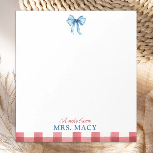 Personalisiert Teacher Notepad Watercolor Blue Bow Notizblock