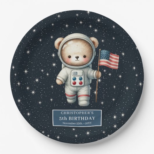 Personalisiert Teddy Astronaut Boy Party Plate Pappteller (Vorderseite)