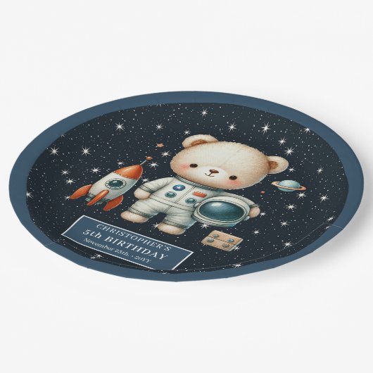 Personalisiert Teddy Bear Astronaut Baby Boy Pappteller (Schrägansicht)