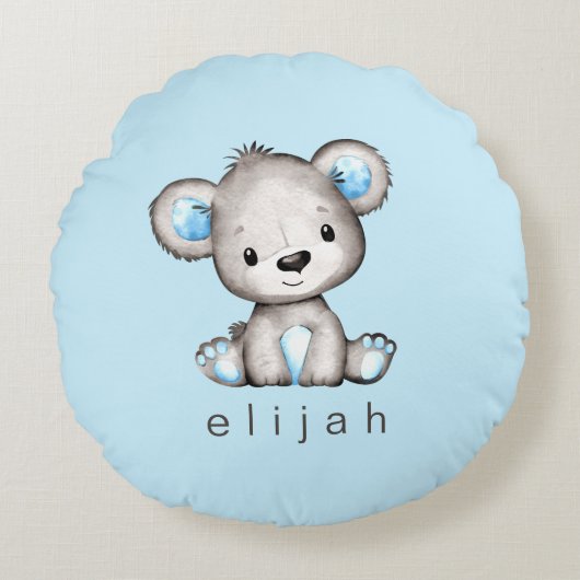 Personalisiert Teddy Bear Baby Boy Blue Rundes Kissen (Vorderseite)