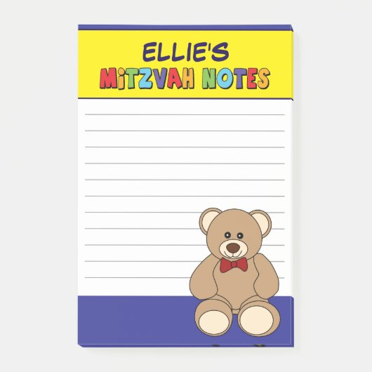 Personalisiert Teddy Bear Mitzvah - Gelb blau Post-it Klebezettel (Vorderseite)