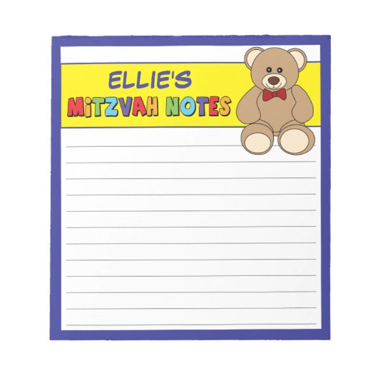 Personalisiert Teddy Bear Mitzvah Yellow Blue Notizblock (Vorderseite)