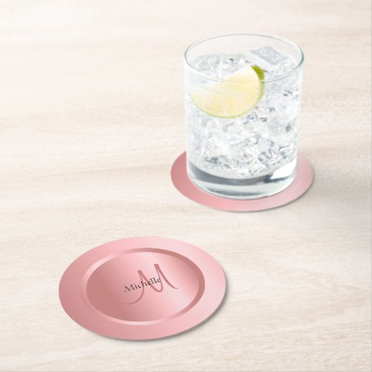 Personalisiert Template Rose Gold Monogram Elegant Runder Pappuntersetzer (Vor Ort)