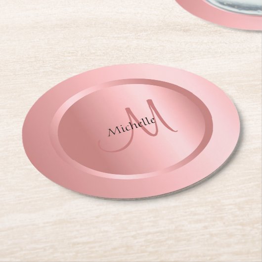 Personalisiert Template Rose Gold Monogram Elegant Runder Pappuntersetzer (Angewinkelt)