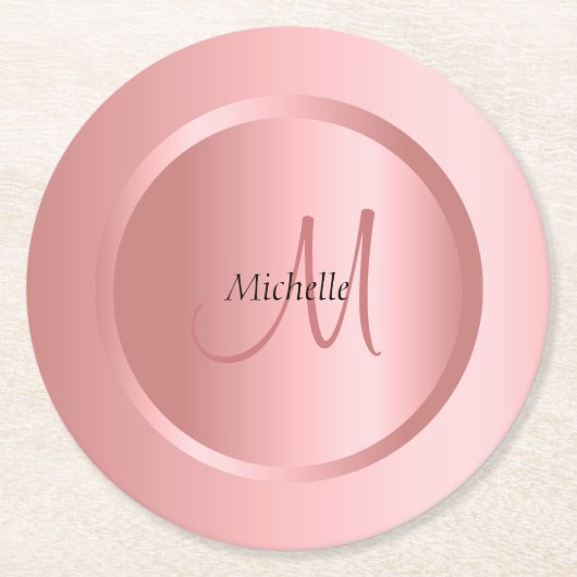 Personalisiert Template Rose Gold Monogram Elegant Runder Pappuntersetzer (Vorderseite)