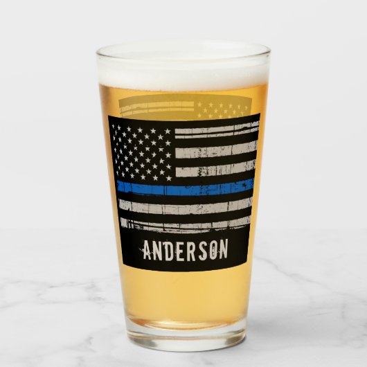 Personalisiert Thin Blue Line Polizeibeamter Beer Glas (Vorne (Gefüllt))