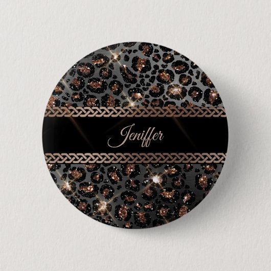 Personalisiert Trendy Leopard Black Gold Glitzer Button (Vorderseite)