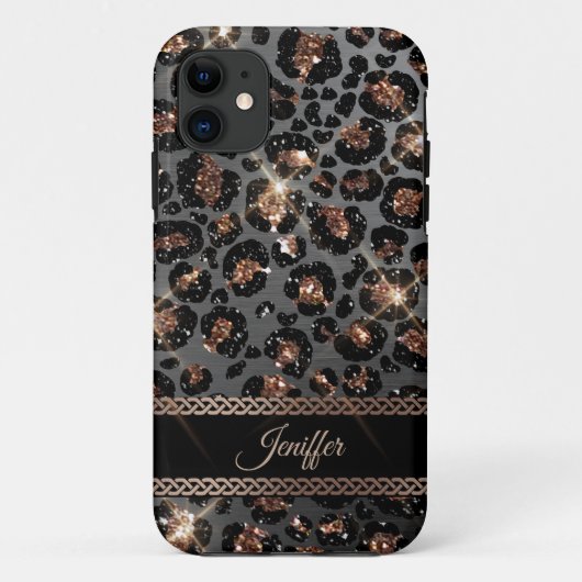 Personalisiert Trendy Leopard Black Gold Glitzer Case-Mate iPhone Hülle (Rückseite)