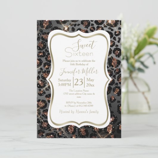 Personalisiert Trendy Leopard Black Gold Glitzer Einladung (Stehend Vorderseite)