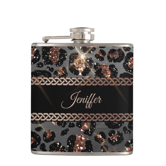 Personalisiert Trendy Leopard Black Gold Glitzer   Flachmann (Vorderseite)