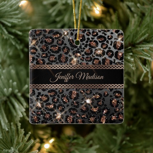 Personalisiert Trendy Leopard Black Gold Glitzer Keramikornament (Baum)