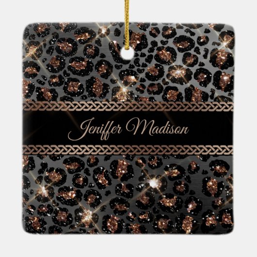 Personalisiert Trendy Leopard Black Gold Glitzer Keramikornament (Rückseite)