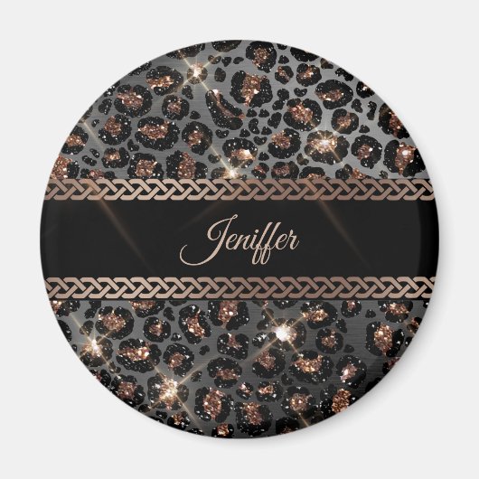 Personalisiert Trendy Leopard Black Gold Glitzer Magnet (Vorne)