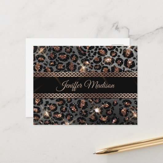 Personalisiert Trendy Leopard Black Gold Glitzer Postkarte (Vorderseite/Rückseite Beispiel)