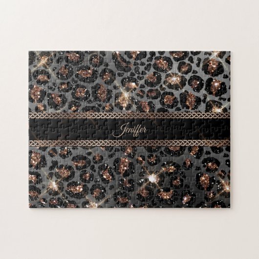 Personalisiert Trendy Leopard Black Gold Glitzer Puzzle (Horizontal)
