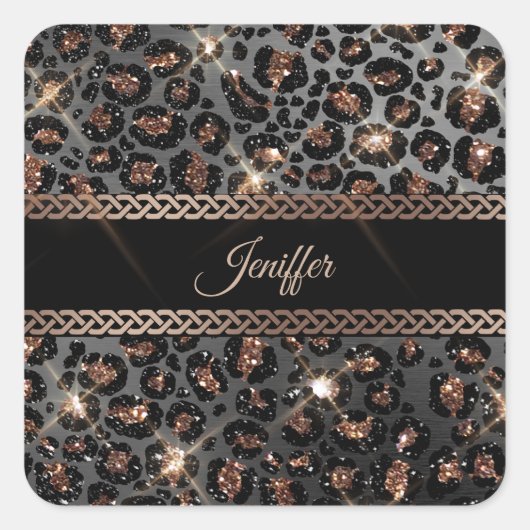 Personalisiert Trendy Leopard Black Gold Glitzer Quadratischer Aufkleber (Vorderseite)