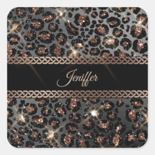 Personalisiert Trendy Leopard Black Gold Glitzer Quadratischer Aufkleber