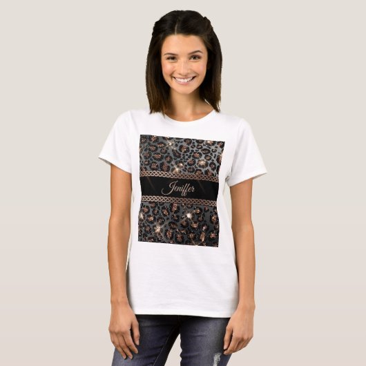 Personalisiert Trendy Leopard Black Gold Glitzer T-Shirt (Vorne ganz)