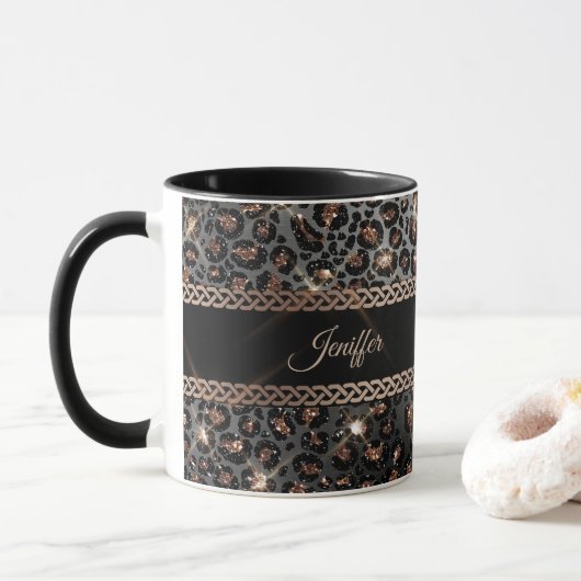 Personalisiert Trendy Leopard Black Gold Glitzer   Tasse (Mit Donut)