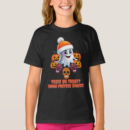 Personalisiert Trick oder Treat Boo Funny Hallowee T-Shirt (Vorderseite)