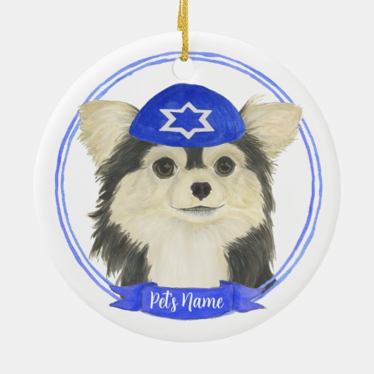 Personalisiert Tricolor Chihuahua Hanukkah Keramik Ornament (Hinten)
