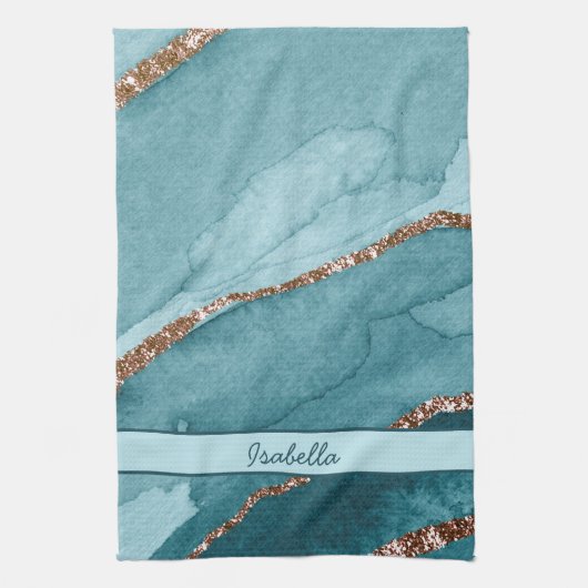 Personalisiert türkisfarbenes Aquamarines Goldmarm Geschirrtuch (Vertikal)