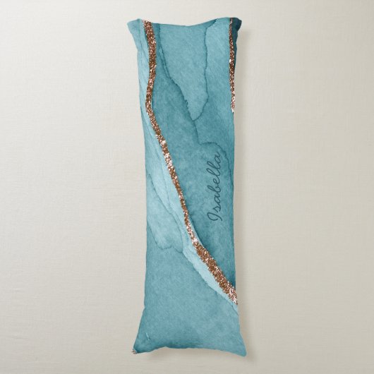 Personalisiert türkisfarbenes Aquamarines Goldmarm Seitenschläferkissen (Vorderseite Vertikal)