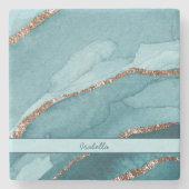 Personalisiert türkisfarbenes Aquamarines Goldmarm Steinuntersetzer (Vorderseite)