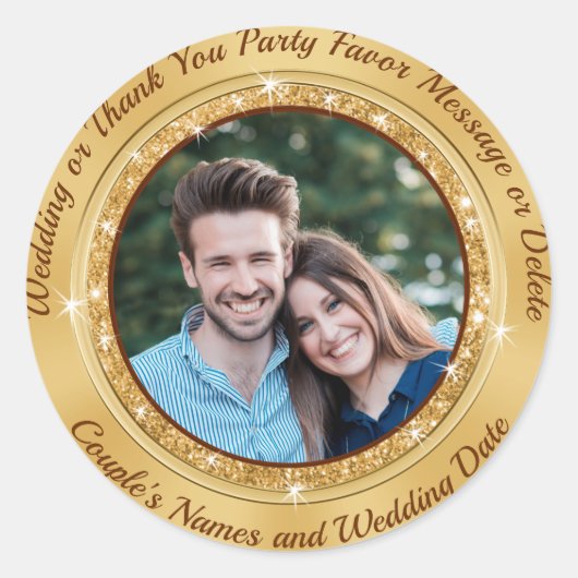Personalisiert und FOTO, Goldkleber für Hochzeiten Runder Aufkleber (Vorderseite)