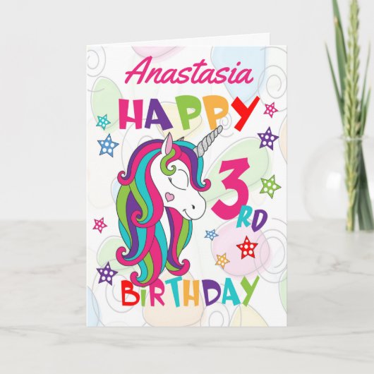 Personalisiert Unicorn 3. Geburtstag Karte (Vorderseite)
