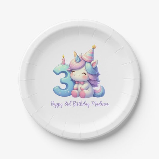 Personalisiert Unicorn 3. Pappteller (Vorderseite)