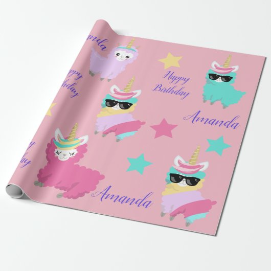 Personalisiert Unicorn Llama Happy Birthday Geschenkpapier (Ungerollt)