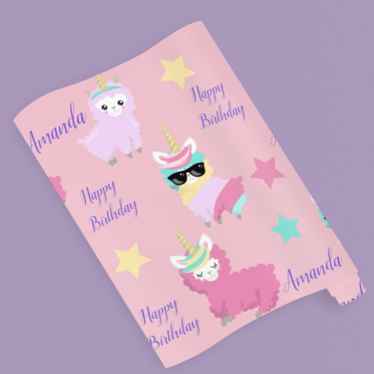 Personalisiert Unicorn Llama Happy Birthday Geschenkpapier