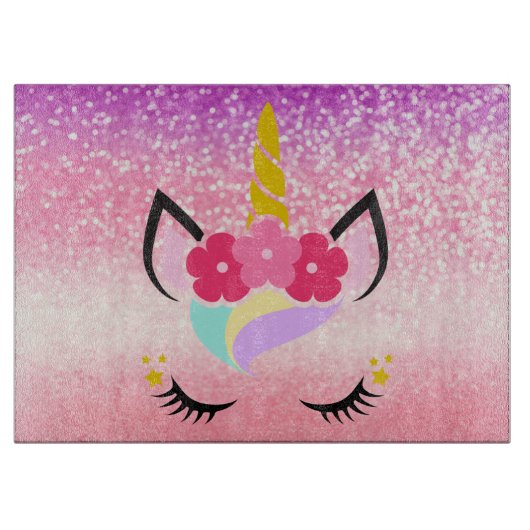 Personalisiert Unicorn Ombre Glitzer Glass Cutting Schneidebrett (Vorderseite)