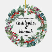Personalisiert unsere ersten Weihnachten Verheirat Keramik Ornament (Hinten)