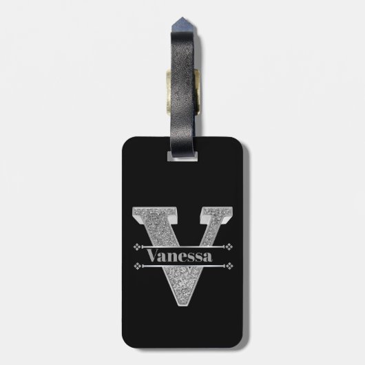 Personalisiert V Erste Silver Monogramm Ihr Name Gepäckanhänger (Rückseite vertikal)