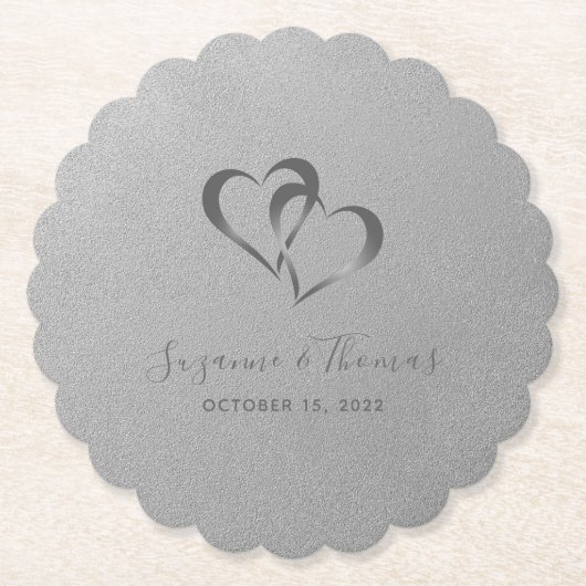 Personalisiert verbundene Herzen Silver Gray Untersetzer (Vorderseite)