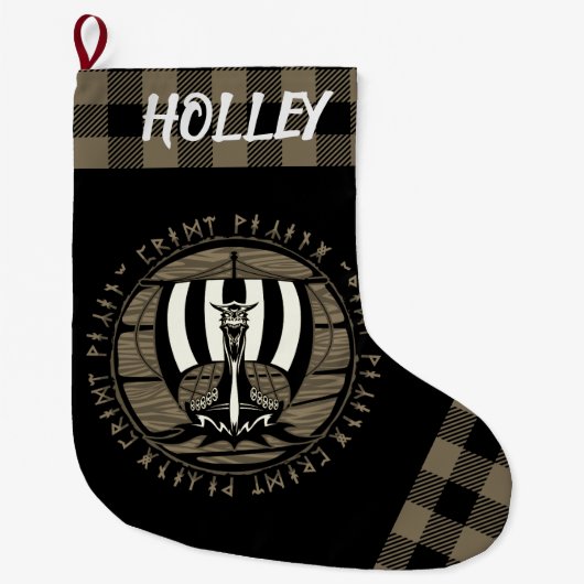 Personalisiert Viking Dragon Langship Sail Tan Bla Großer Weihnachtsstrumpf (Vorderseite)