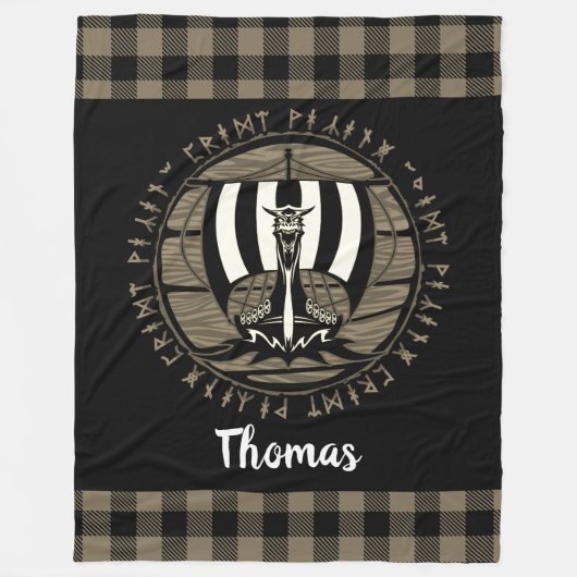 Personalisiert Viking Dragon Long Ship Runes Black Fleecedecke (Vorderseite)