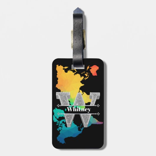 Personalisiert W Initial Silver Monogram Ihr Name Gepäckanhänger (Rückseite vertikal)