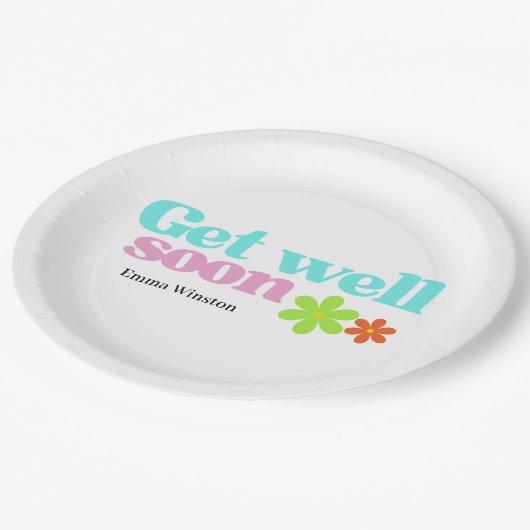 Personalisiert werden bald gut Nachricht Blumenwei Pappteller (Schrägansicht)