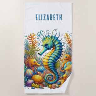 PERSONALISIERT WHIMSICAL, FARBENFROHE SEEPFERDCHEN STRANDTUCH